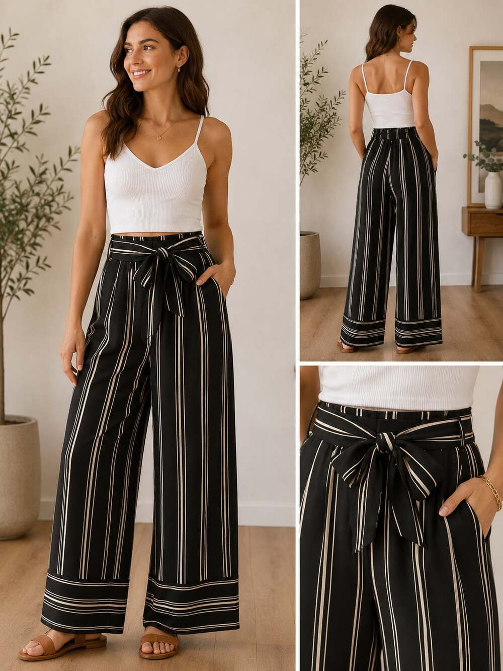 No Comment Black and White Striped Wide Leg Pants with Tie Waist, Size L